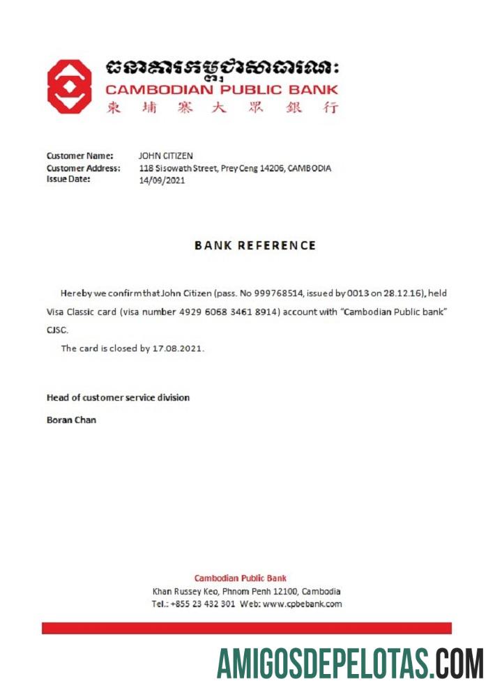 Referência de fechamento do Camboja Cambojanopublicbank exemplo real